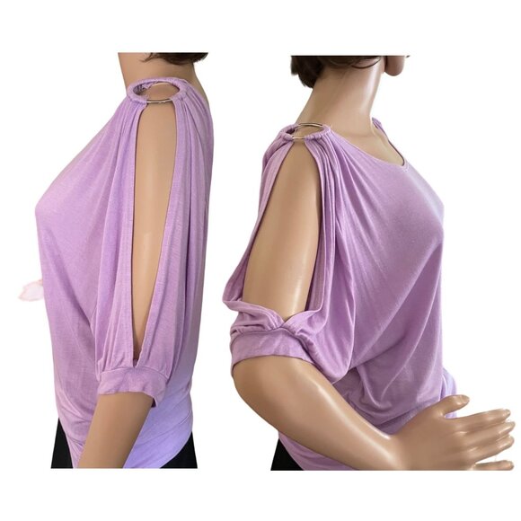 J Mode USA Lavender Cold Shoulder Top Womens Sz L Metal Ring Embellishment Marth - Picture 3 of 10